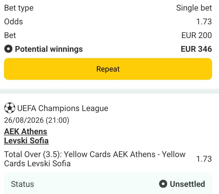 Bet slip for AEK Athens vs Levski Sofia