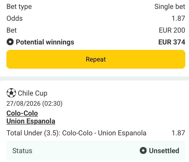 Bet slip for Colo-Colo vs Union Espanola