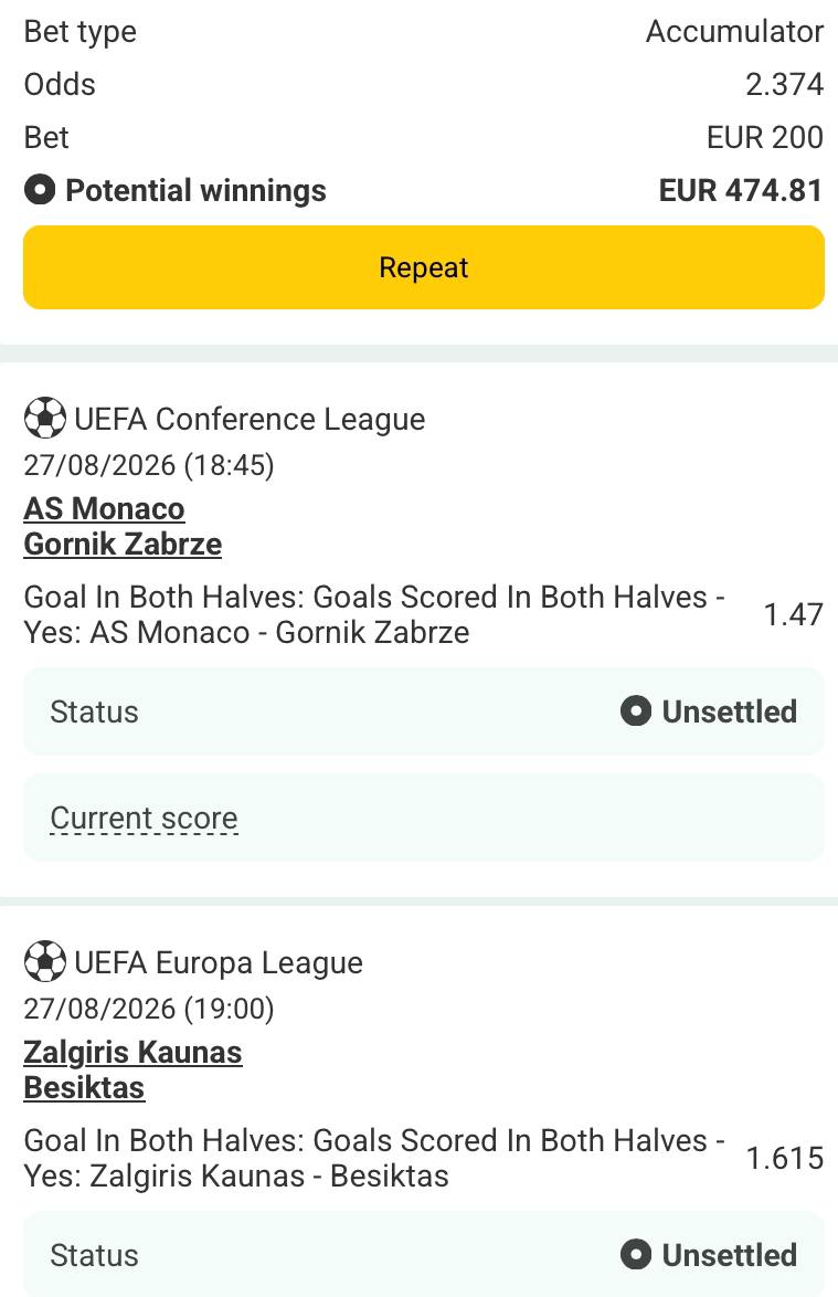 Bet slip for AS Monaco vs Gornik Zabrze / Zalgiris Kaunas vs Besiktas