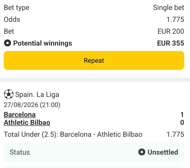 Bet slip for Barcelona vs Athletic Bilbao