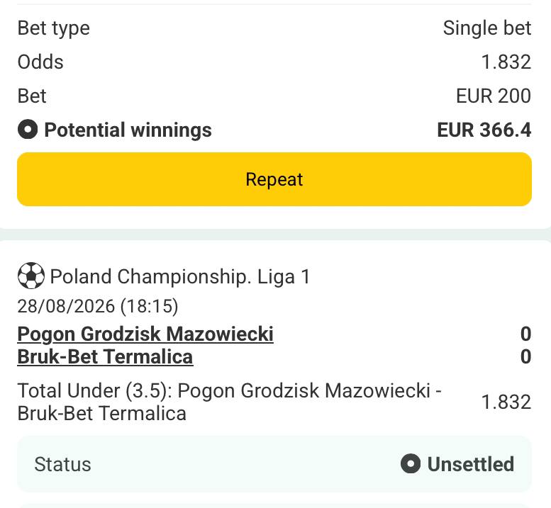 Bet slip for Pogon Grodzisk vs Termalica