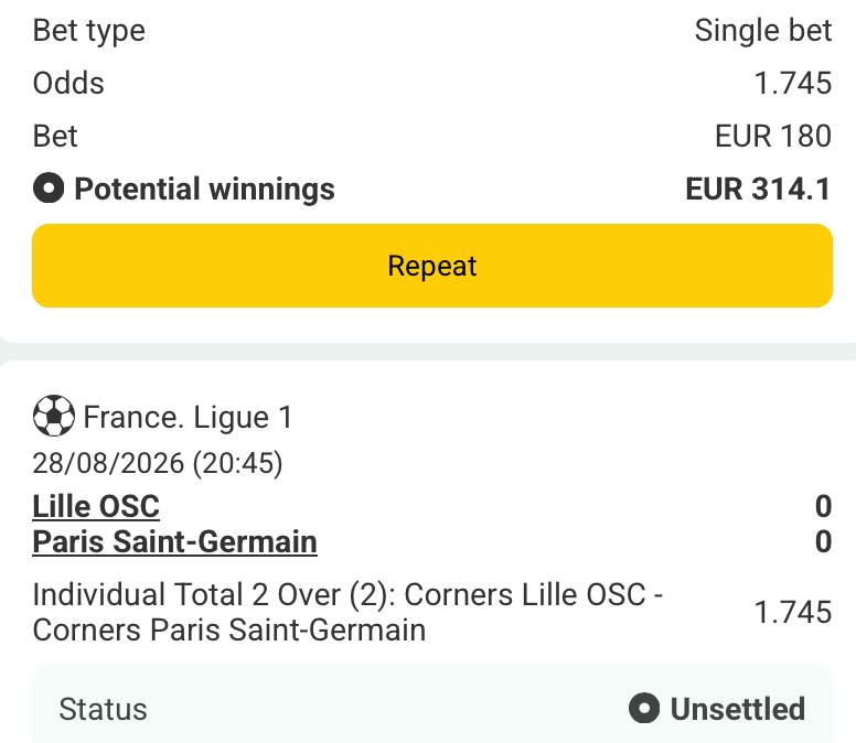 Bet slip for Lille vs PSG