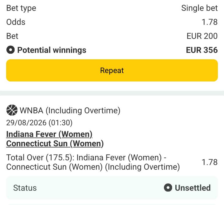 Bet slip for Indiana Fever vs Connecticut Sun