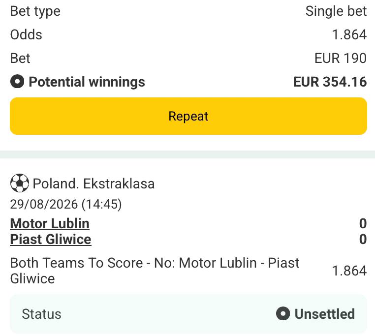 Bet slip for Motor Lublin vs Piast Gliwice