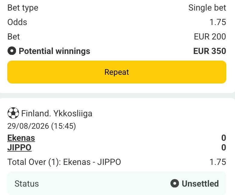 Bet slip for Ekenas vs JIPPO