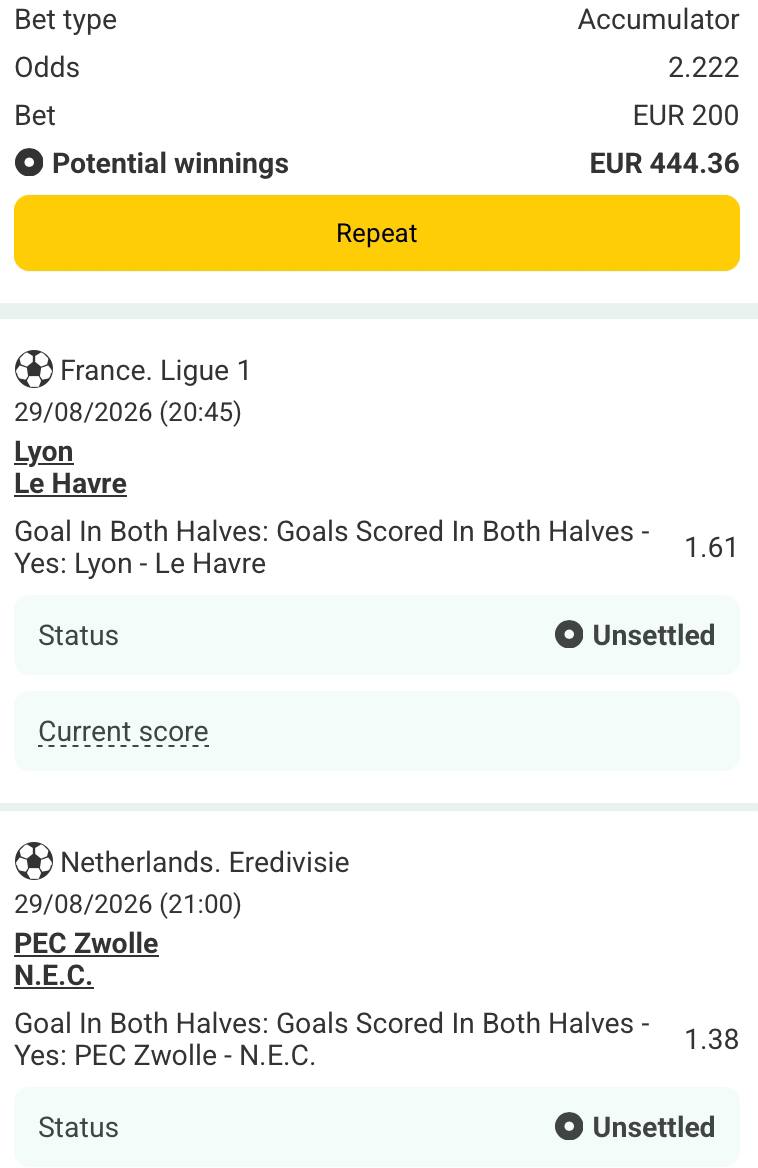 Bet slip for Lyon vs Le Havre / PEC Zwolle vs N.E.C.