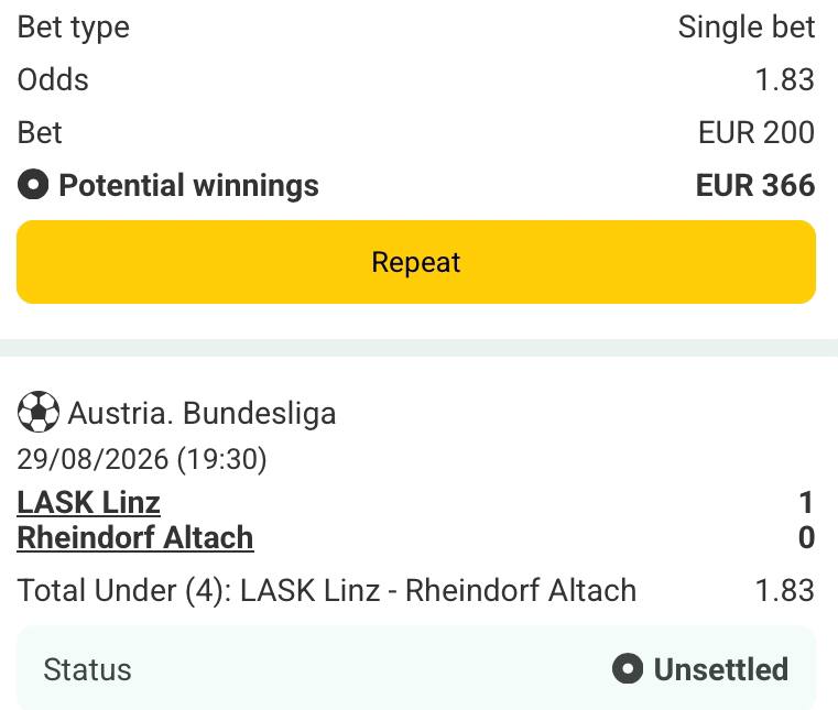 Bet slip for LASK Linz vs Altach