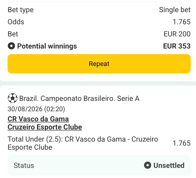 Bet slip for Vadco da Gama vs Cruzeiro