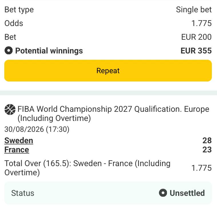 Bet slip for Sweden vs France