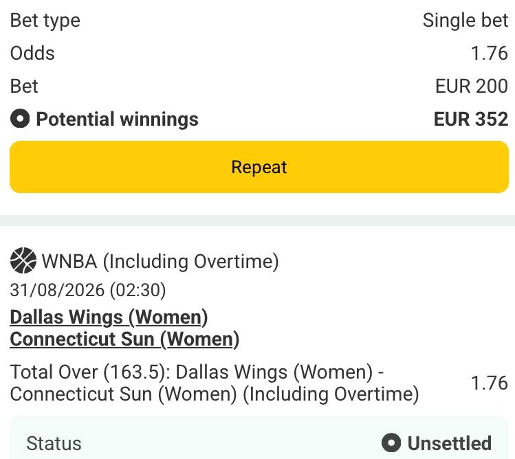 Bet slip for Dallas Wings vs Connecticut Sun