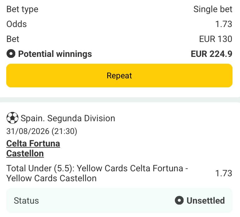 Bet slip for Celta Fortuna vs Castellon