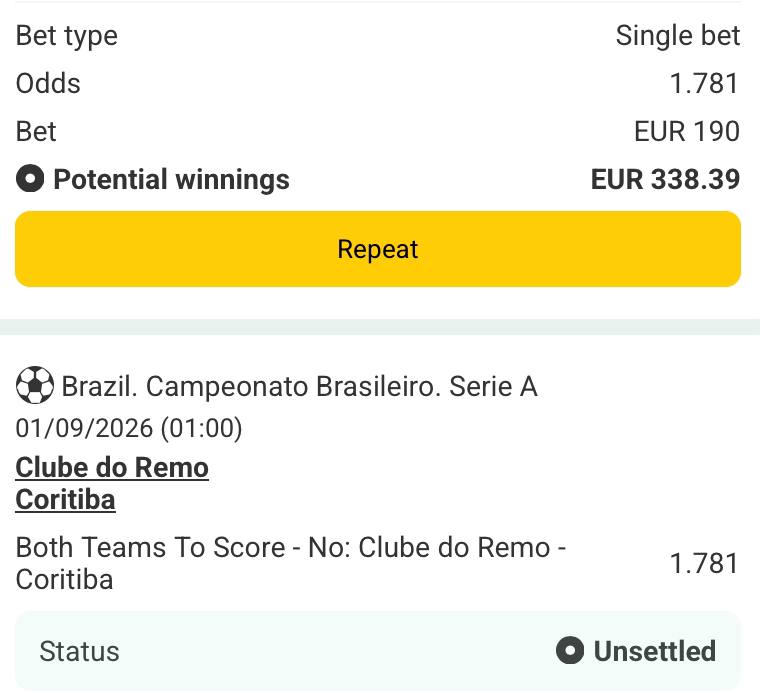 Bet slip for Remo vs Coritiba