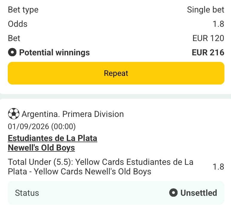 Bet slip for Estundiantes de La Plata vs Newells Old Boys