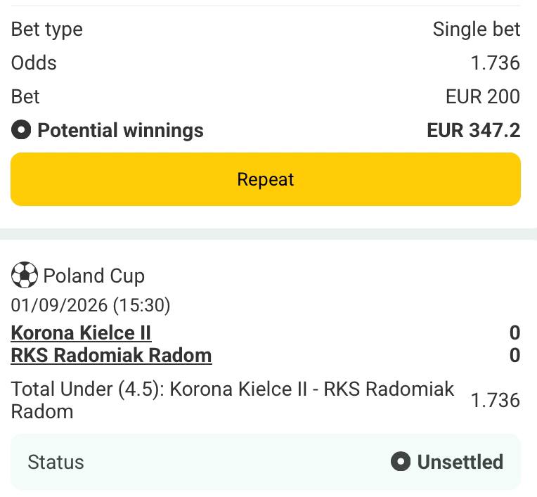 Bet slip for Korona Kielce II vs Radiomak Radom