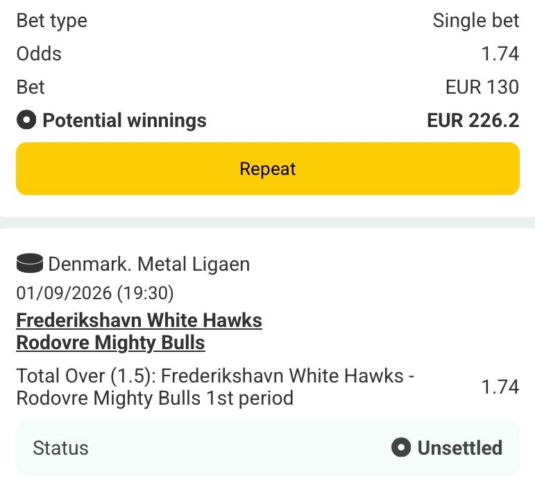 Bet slip for Fredrikshavn vs Rodovre