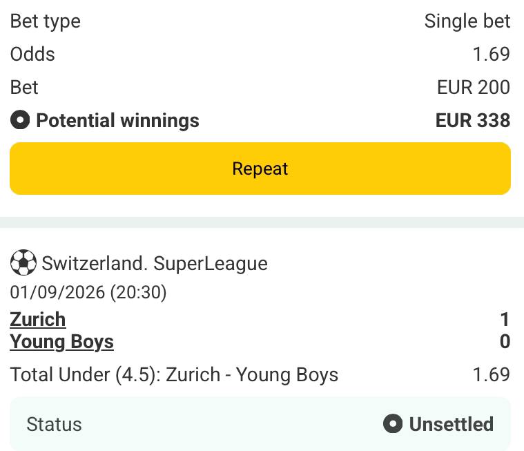 Bet slip for Zurich vs Young Boys