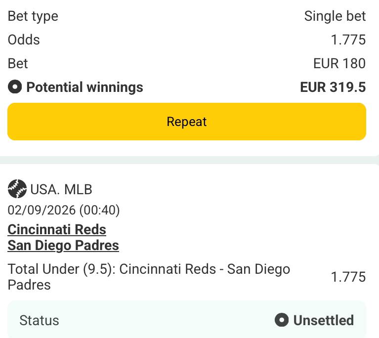 Bet slip for Cincinnati Reds vs San Diego Padres
