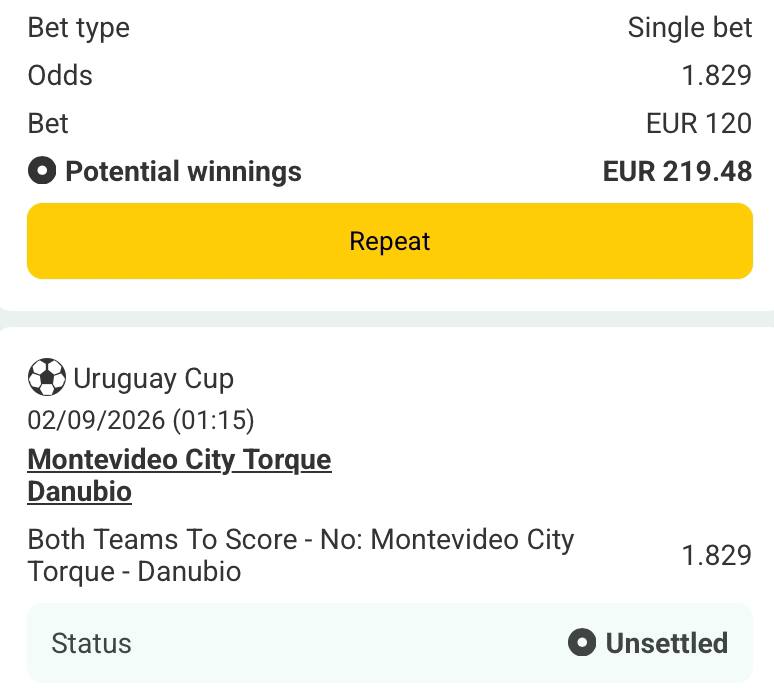 Bet slip for Montevideo City vs Danubio