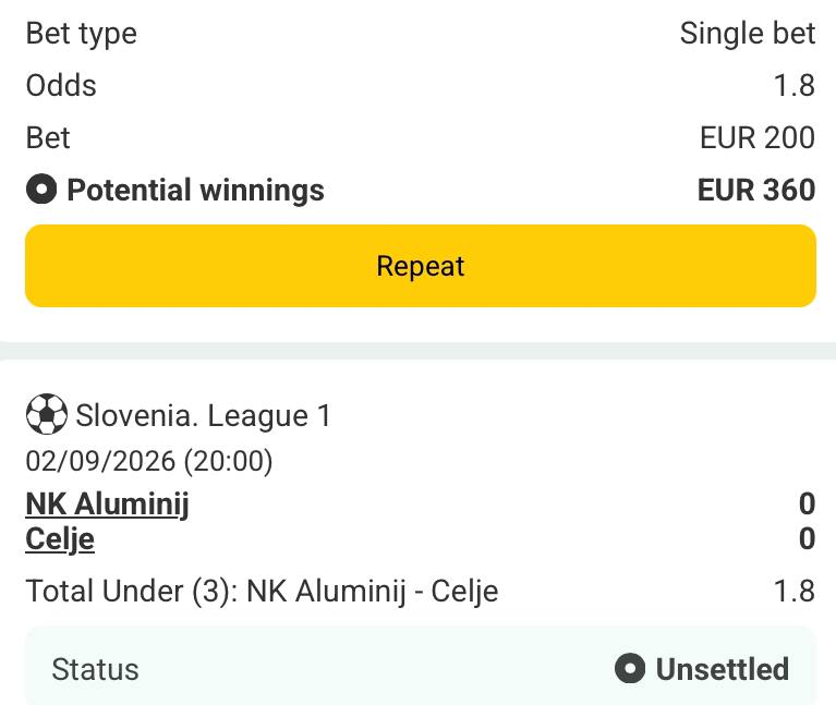 Bet slip for Aluminij vs Cejle