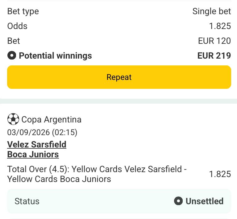 Bet slip for Velez Sarsfield vs Boca Juniors