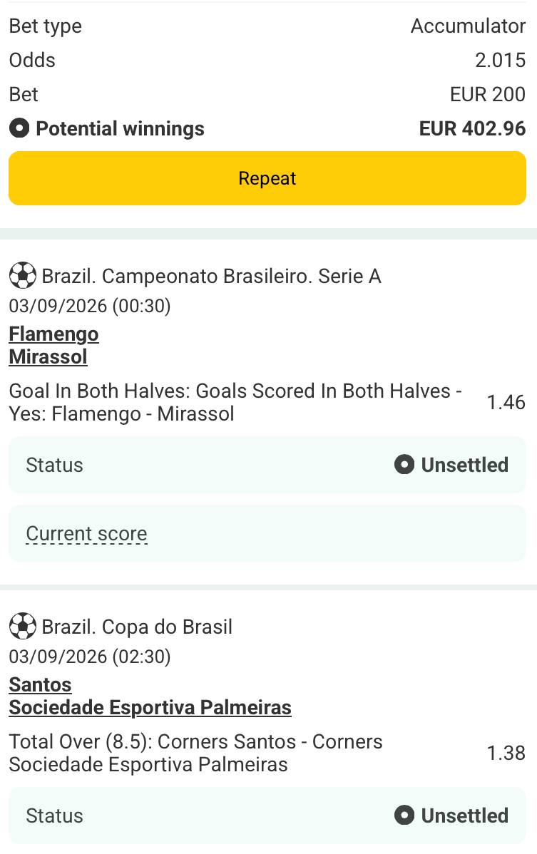 Bet slip for Flamengo vs Mirassol / Santos vs Sociedade Esportiva Palmeiras