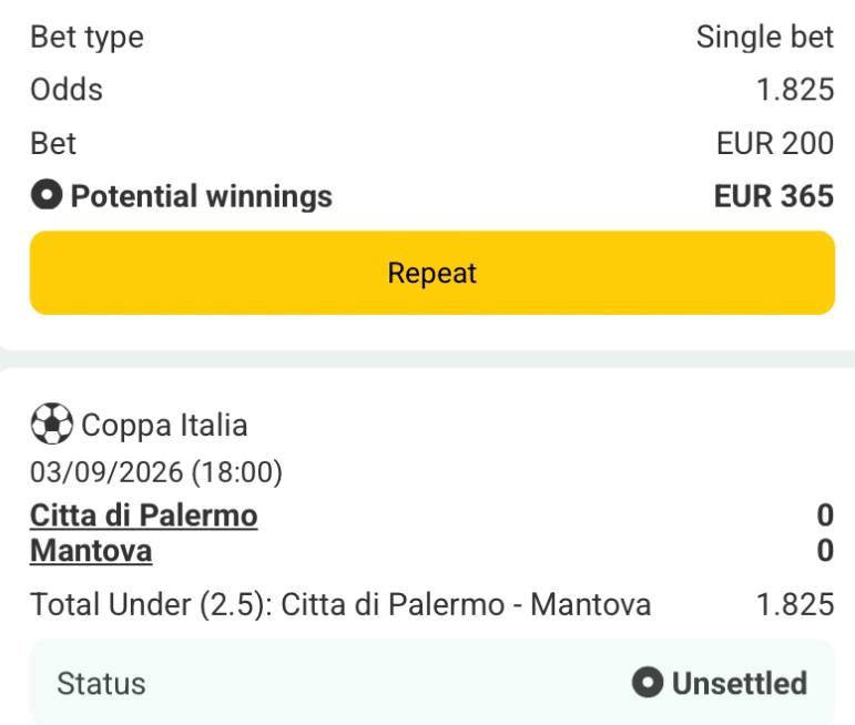 Bet slip for Palermo vs Mantova