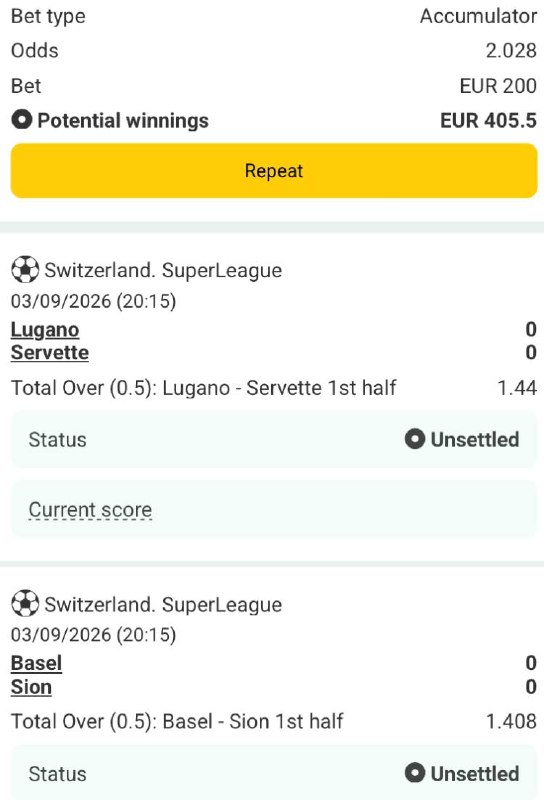 Bet slip for Lugano vs Servette / Basel vs Sion