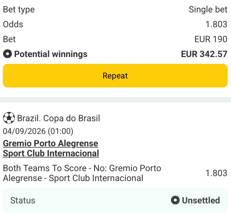 Bet slip for Gremio vs Internacional