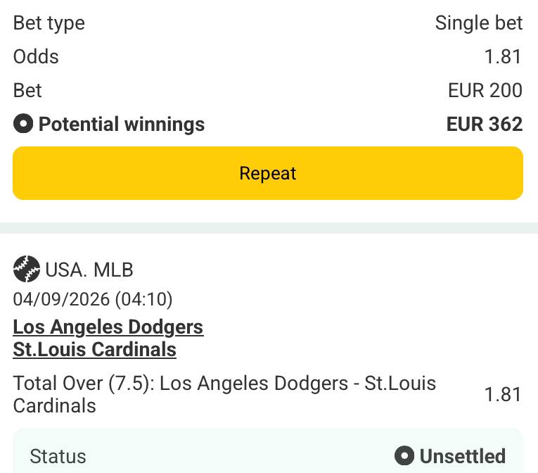 Bet slip for Los Angeles Dodgers vs St.Louis Cardinals