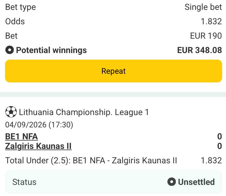 Bet slip for BE1 NFA vs Zalgiris Kaunas II