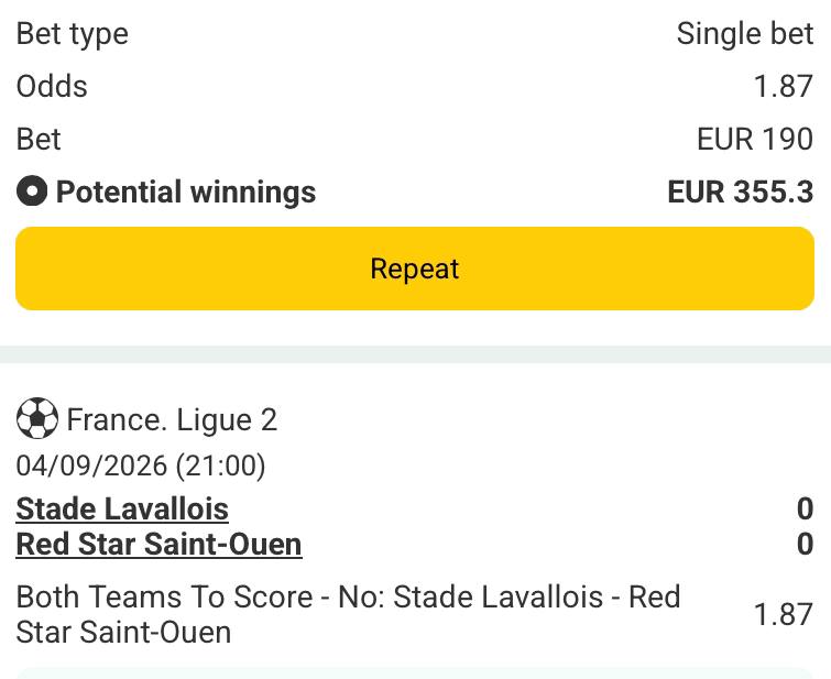 Bet slip for Stade Levallois vs Red Star