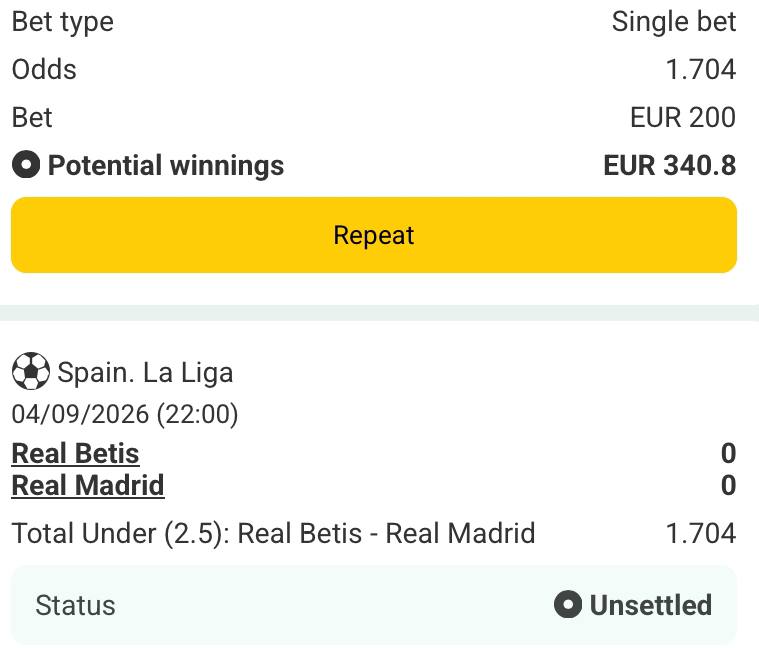Bet slip for Real Betis vs Real Madrid