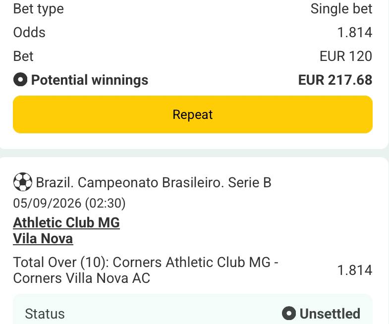 Bet slip for Athletic Club MG vs Vila Nova