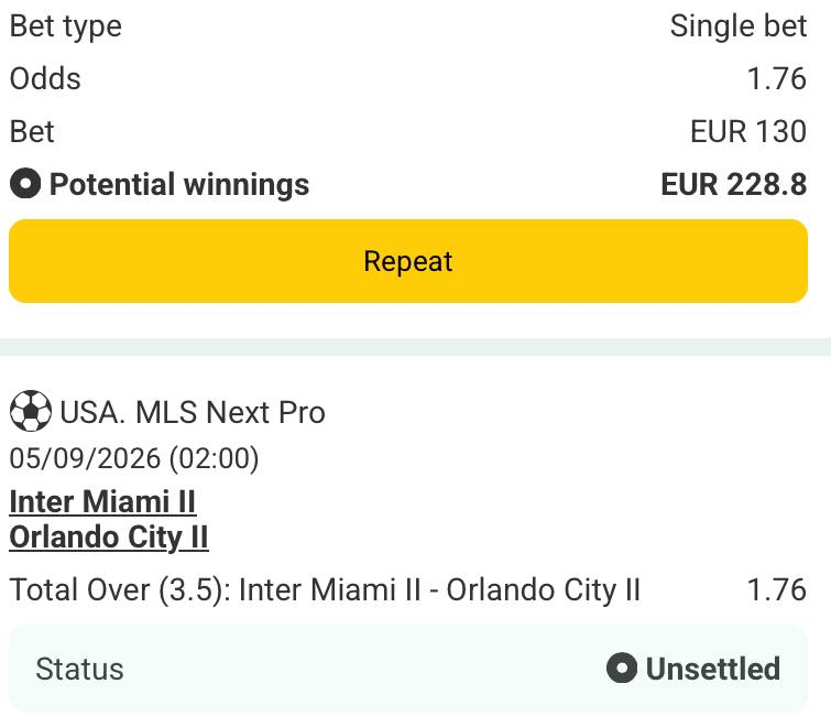 Bet slip for Inter Miami II vs Orlando City II
