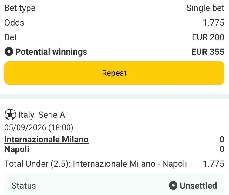 Bet slip for Inter Milan vs Napoli