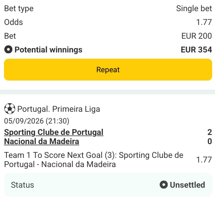 Bet slip for Sporting vs Nacional