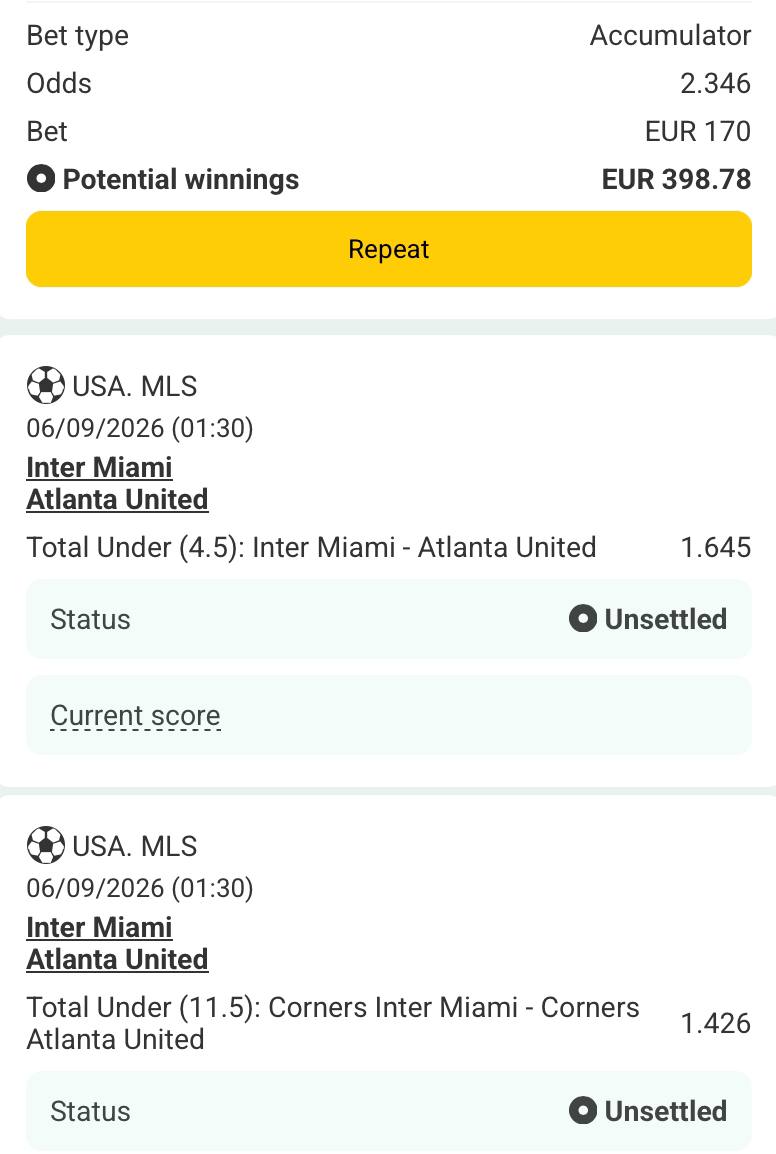 Bet slip for Inter Miami vs Atlanta United / Inter Miami vs Atlanta United