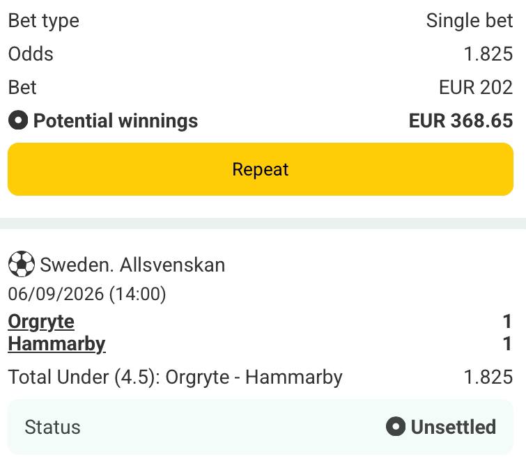 Bet slip for Orgyte vs Hammarby