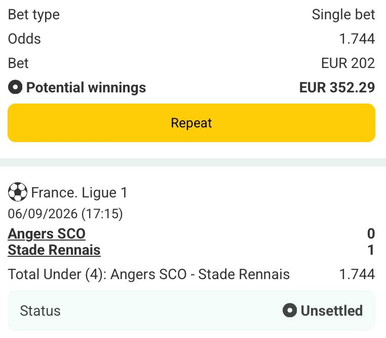 Bet slip for Angers vs Stade Rennais