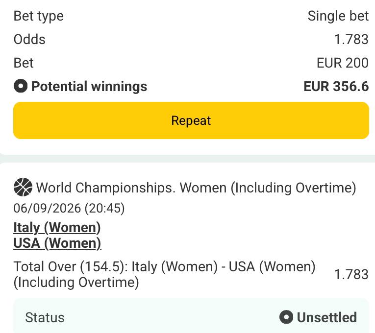 Bet slip for Italy vs USA