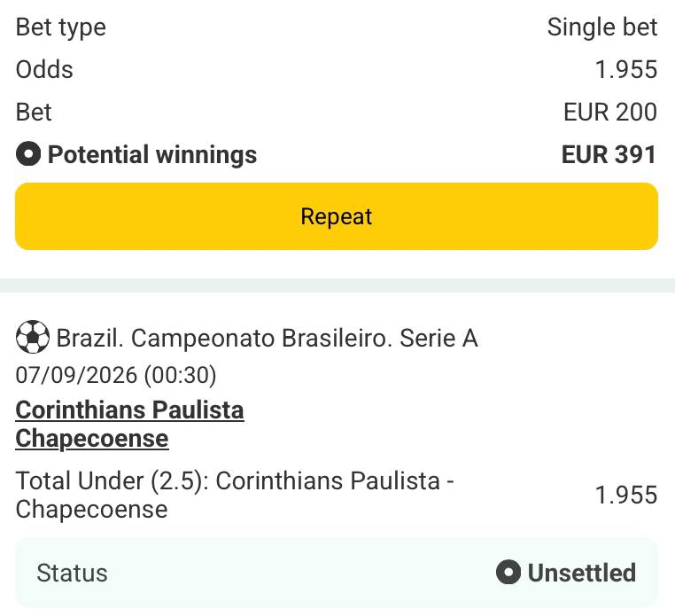 Bet slip for Corinthians vs Chapecoense