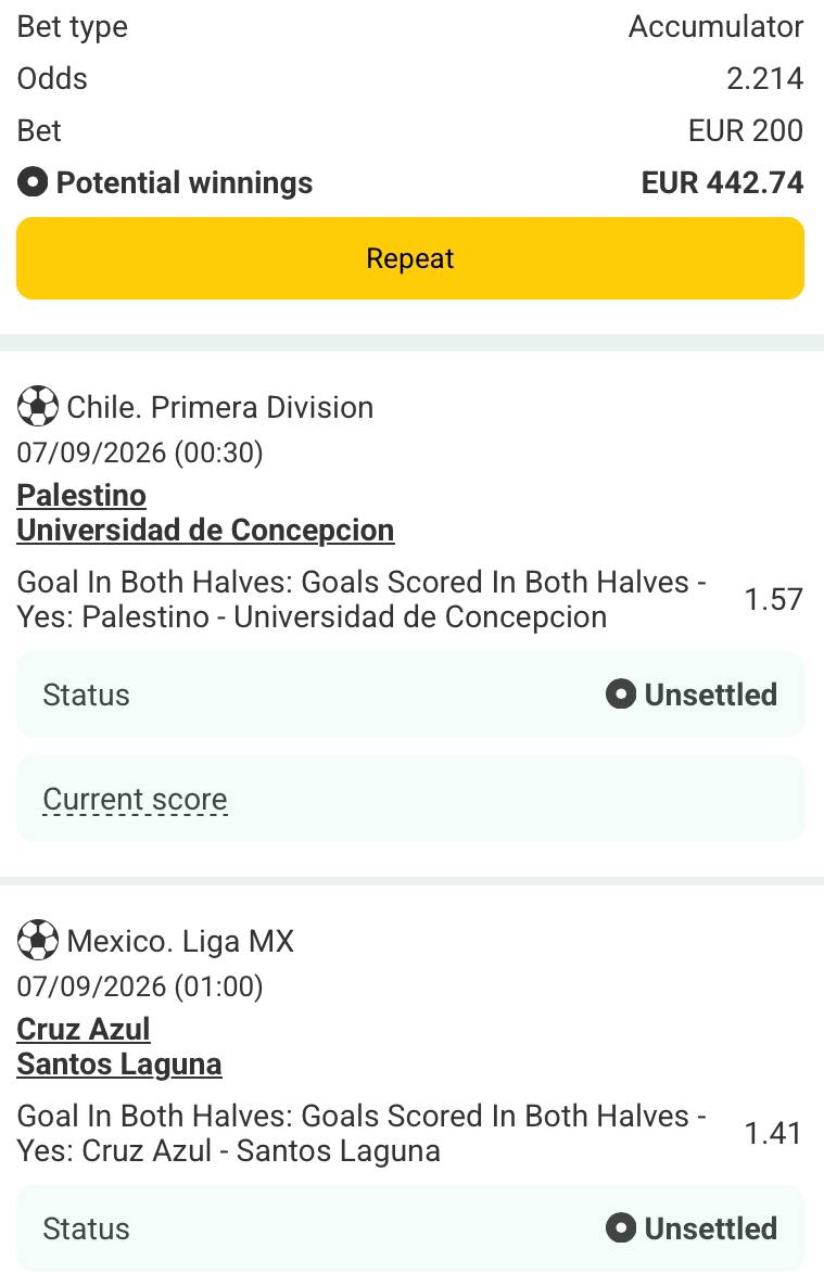 Bet slip for Palestino vs Universidad de Concepcion / Cruz Azul vs Santos Laguna