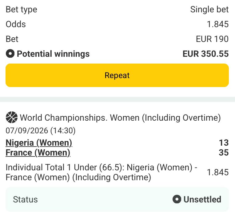 Bet slip for Nigeria W vs France W