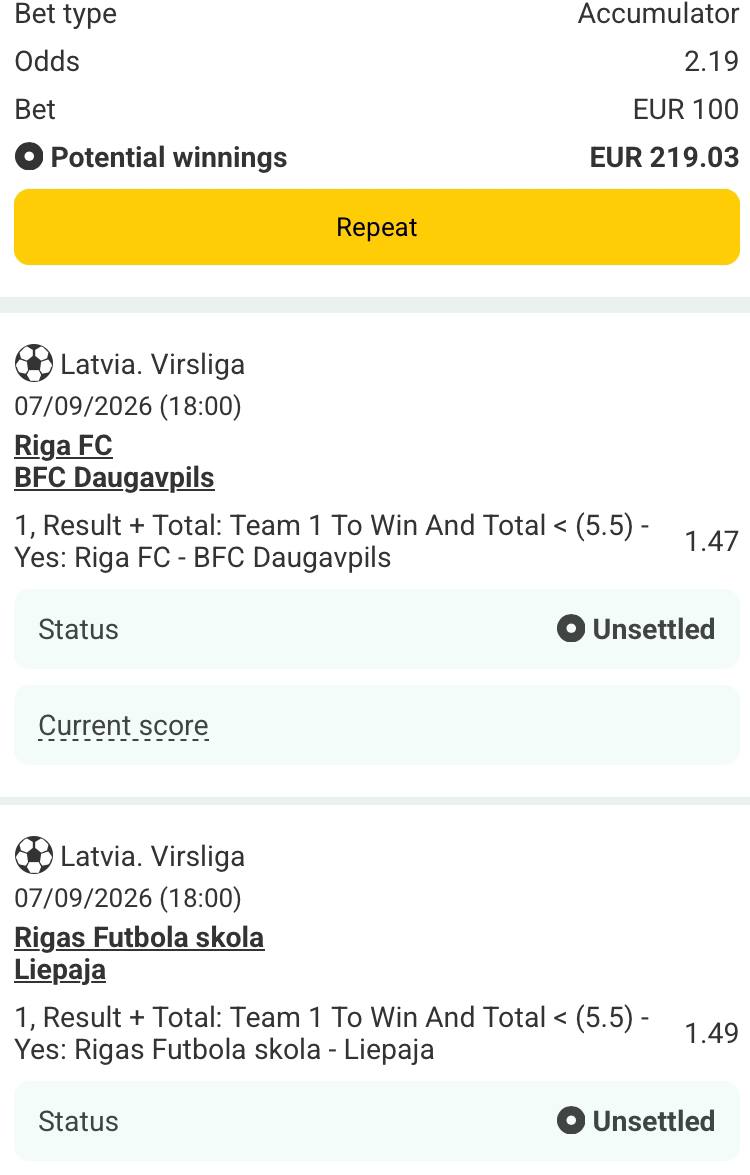 Bet slip for Riga FC vs BFC Daugavpil / Rigas Futbola skola vs Liepaja