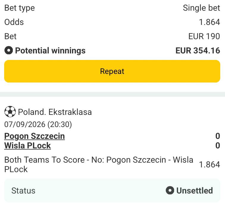Bet slip for Pogon Szczecin vs Wisla Plock