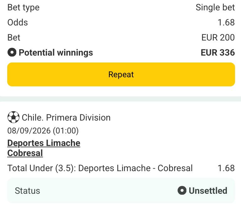 Bet slip for Deportes Limache vs Cobresal