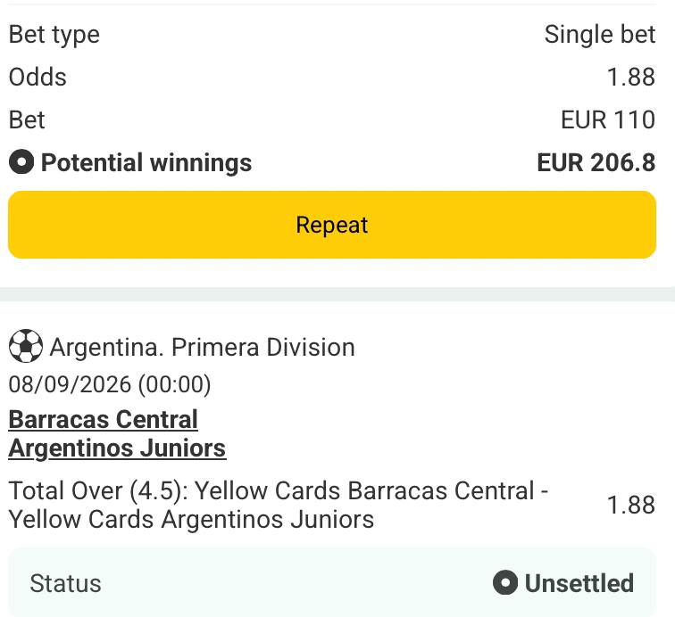 Bet slip for Barracas Central vs Argentinos Juniors