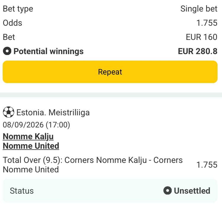 Bet slip for Nomme Kalju vs Nomme United