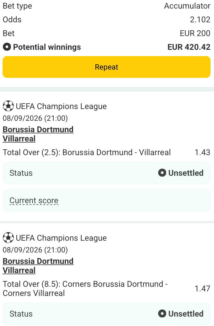 Bet slip for Borussia Dortmund vs Villarreal / Borussia Dortmund vs Villarreal