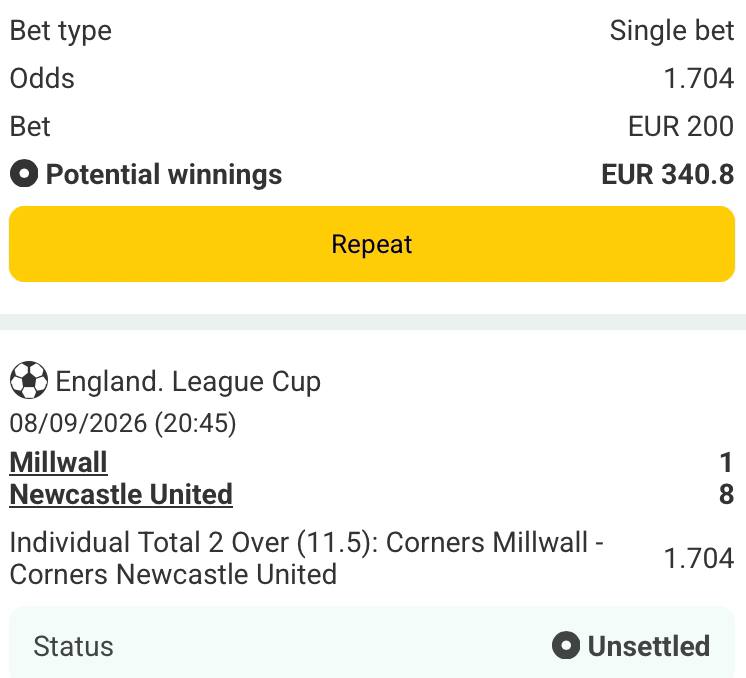 Bet slip for Millwall vs Newcastle United